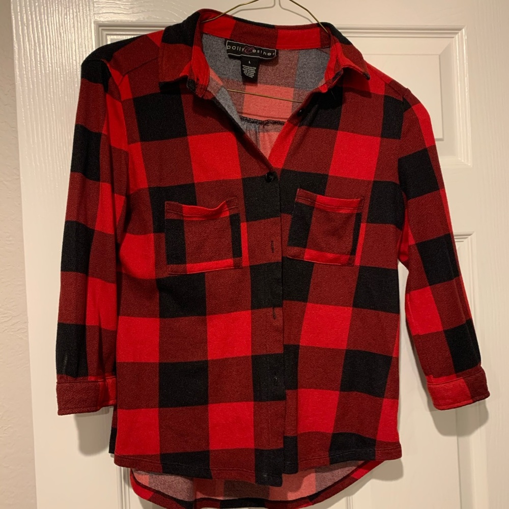 Buffalo check 3/4 sleeve button up plaid shirt